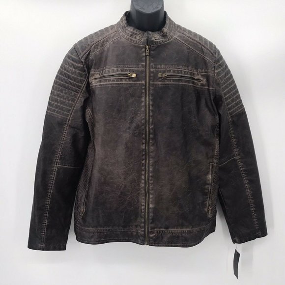 XRAY Slim-Fit Faux-Leather Brown Moto Jacket- XL - Picture 3 of 10